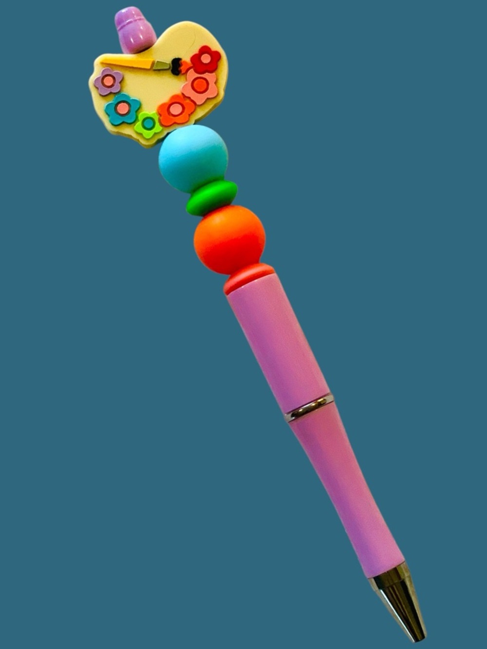 Pink Flower Art Palette Adult or kid’s Pen with Multicolor Beads. Soft to hold - Picture 2 of 2